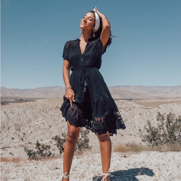 NWT TULLE & BATISTE midi black lace dress XL Sz 14-16 cinch waist v-neck - Picture 9 of 9